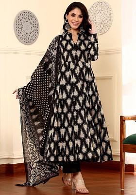 Black Embroidered Poly Blended Kurta Sets