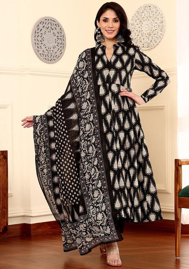 Black Embroidered Poly Blended Kurta Sets - Indya