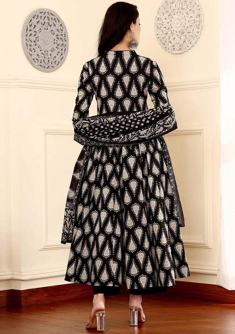 Black Embroidered Poly Blended Kurta Sets - Indya