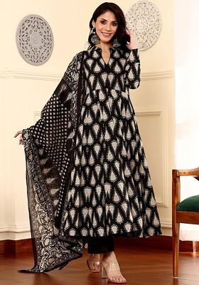 Black Embroidered Poly Blended Kurta Sets