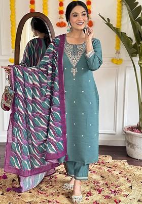 Green Embroidered Poly Blended Kurta Sets