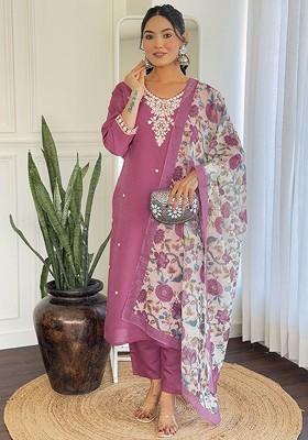 Rose Embroidered Poly Blended Kurta Sets