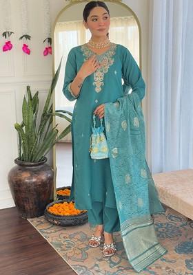Turquoise Blue Embroidered Poly Blended Kurta Sets