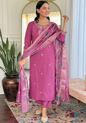 Pink Embroidered Poly Blended Kurta Sets