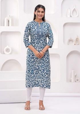Navy Blue Embroidered Poly Blended Kurtas