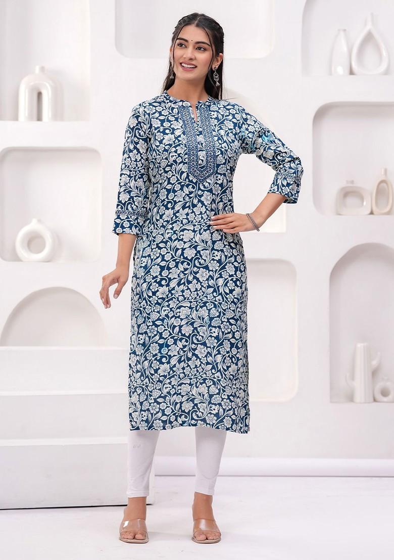 Navy Blue Embroidered Poly Blended Kurtas - Indya