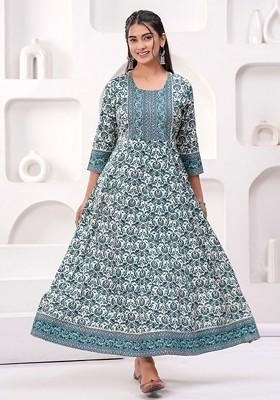Blue Embroidered Poly Blended Kurtas