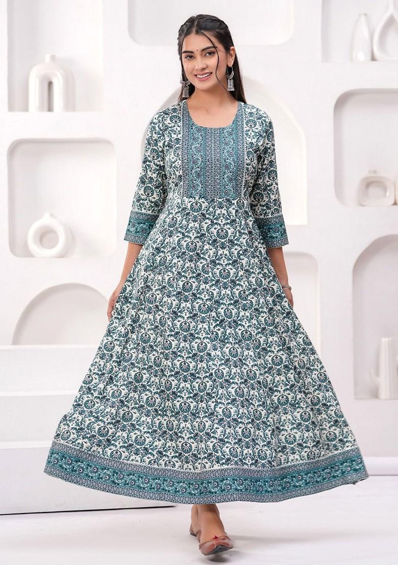 Blue Embroidered Poly Blended Kurtas - Indya