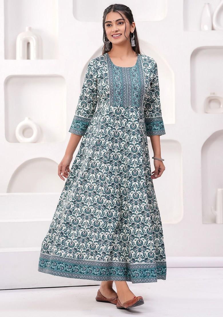 Blue Embroidered Poly Blended Kurtas - Indya