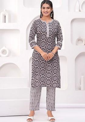 Black Embroidered Poly Blended Kurta Sets