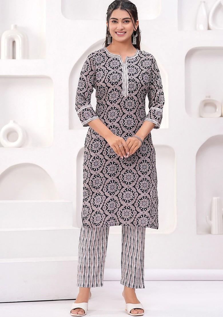 Black Embroidered Poly Blended Kurta Sets - Indya