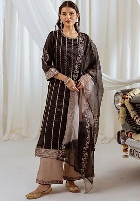 Black Embroidered Poly Blended Kurta Sets