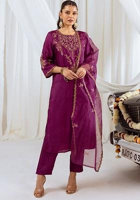 Red Embroidered Poly Blended Kurta Sets