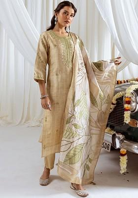Yellow Embroidered Poly Blended Kurta Sets