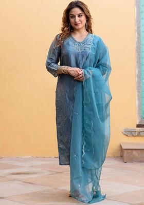 Teal Embroidered Poly Blended Kurta Sets