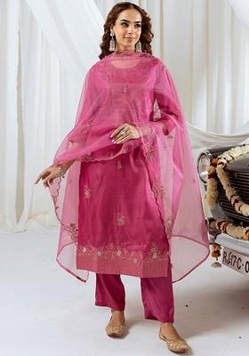 Pink Embroidered Poly Blended Kurta Sets
