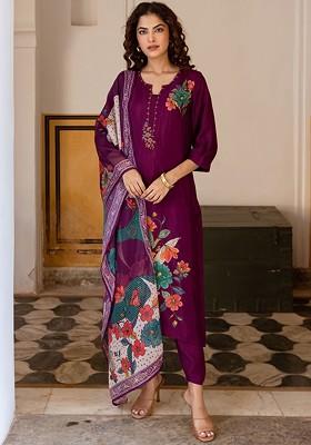 Purple Embroidered Poly Blended Kurta Sets