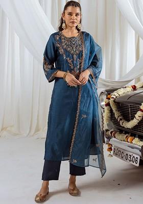 Teal Embroidered Poly Blended Kurta Sets