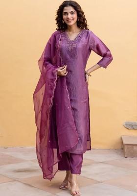 Purple Embroidered Poly Blended Kurta Sets