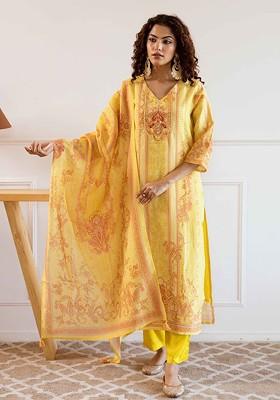 Yellow Embroidered Poly Blended Kurta Sets