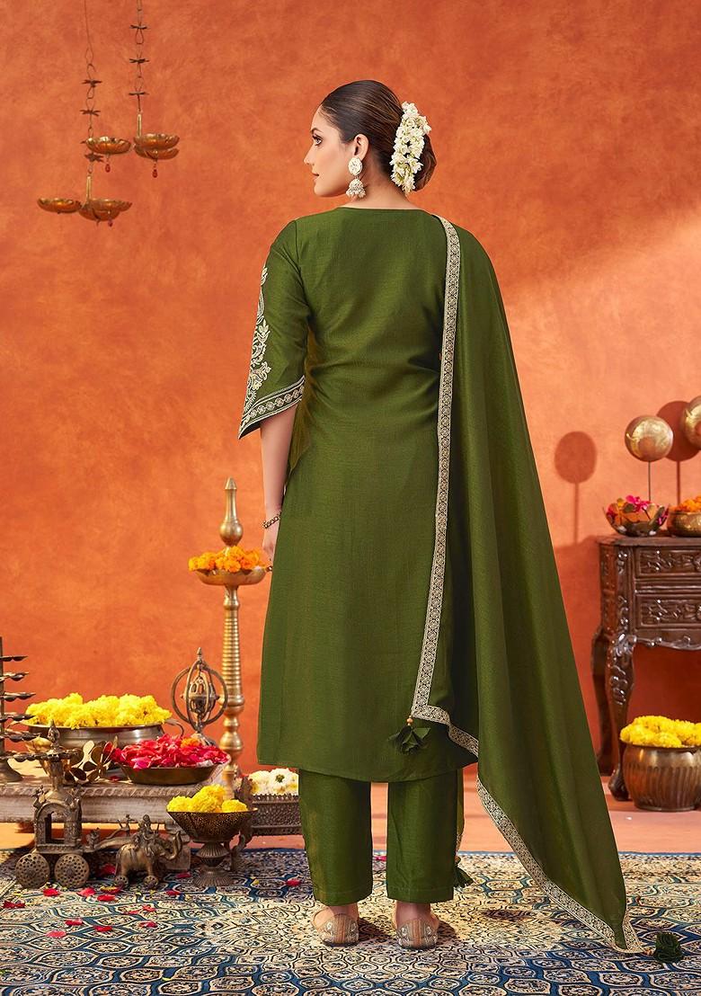 Green Embroidered Poly Blended Kurta Sets - Indya