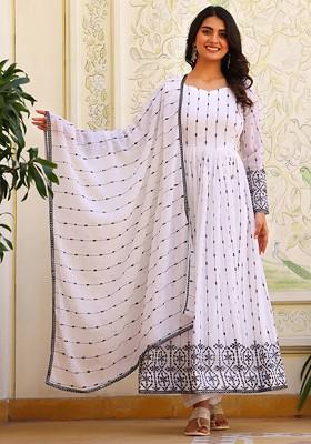 White Embroidered Poly Blended Kurta Sets