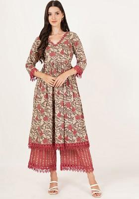 Beige Embroidered Poly Blended Kurta Sets