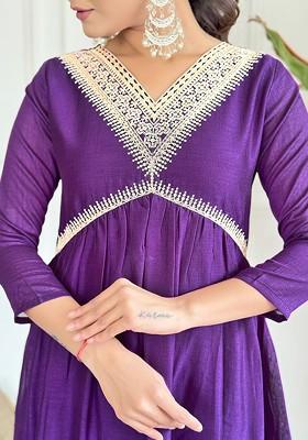Purple Embroidered Poly Blended Kurta Sets