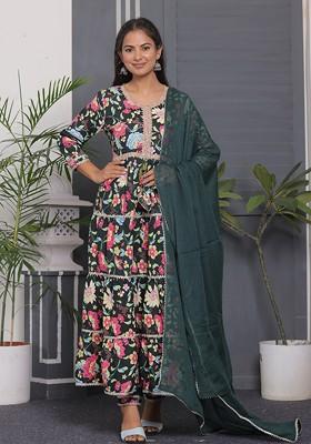 Black Embroidered Poly Blended Kurta Sets