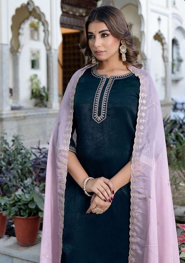 Blue Embroidered Poly Blended Kurta Sets - Indya