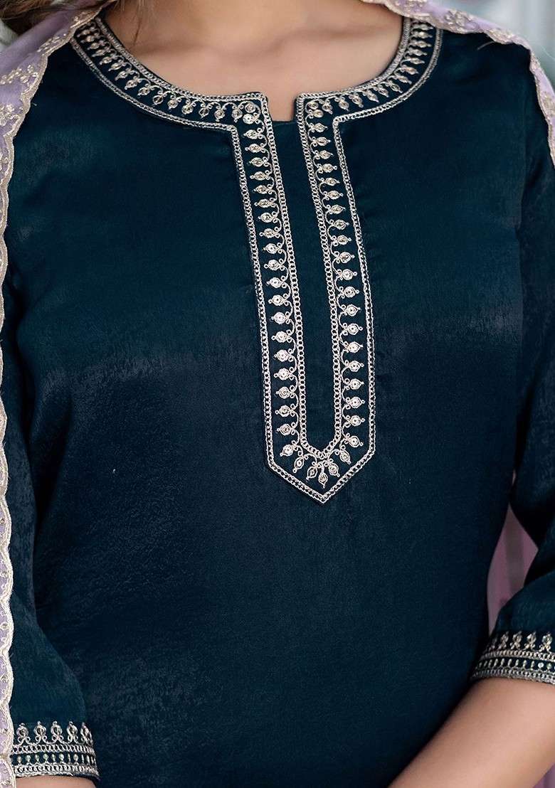 Blue Embroidered Poly Blended Kurta Sets - Indya