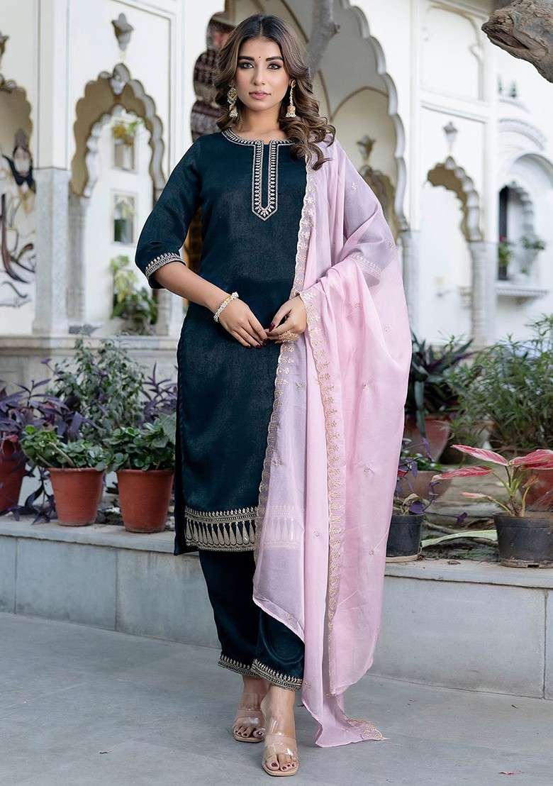 Blue Embroidered Poly Blended Kurta Sets - Indya
