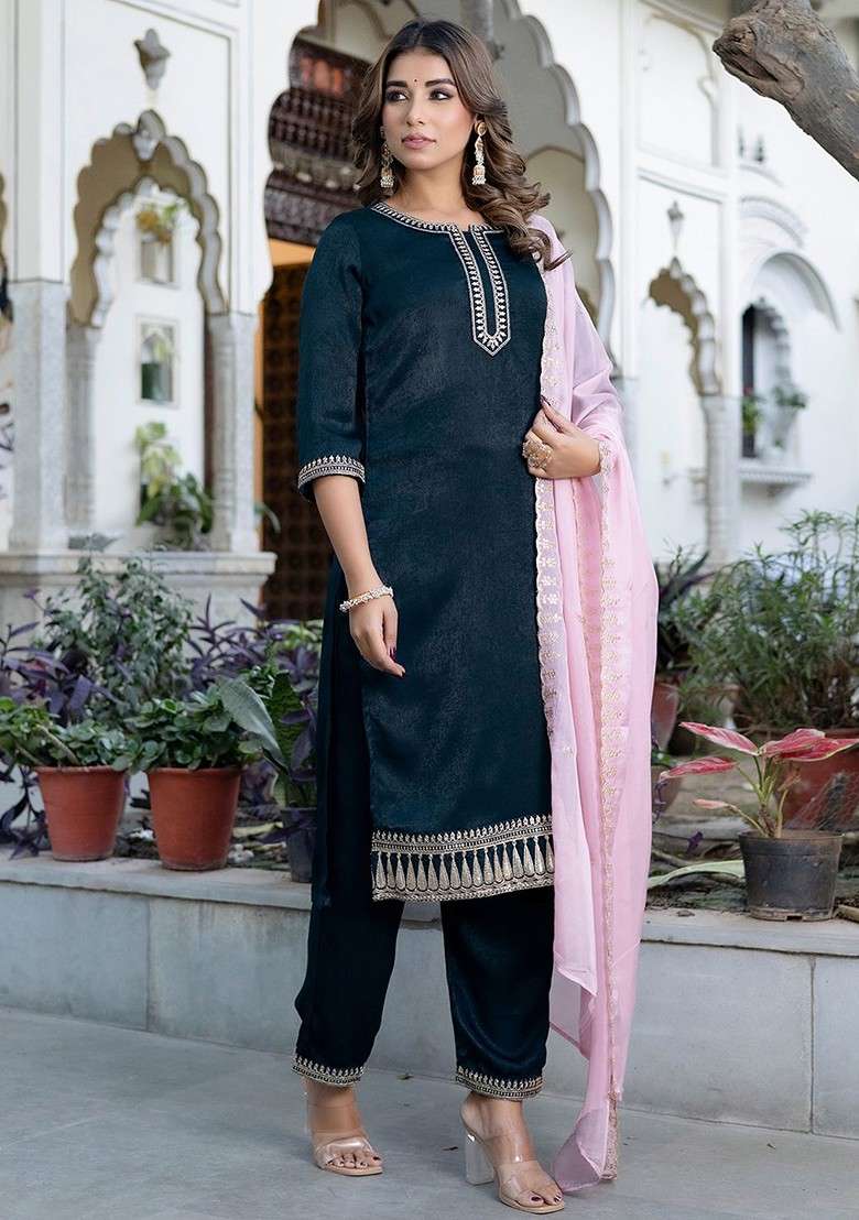 Blue Embroidered Poly Blended Kurta Sets - Indya