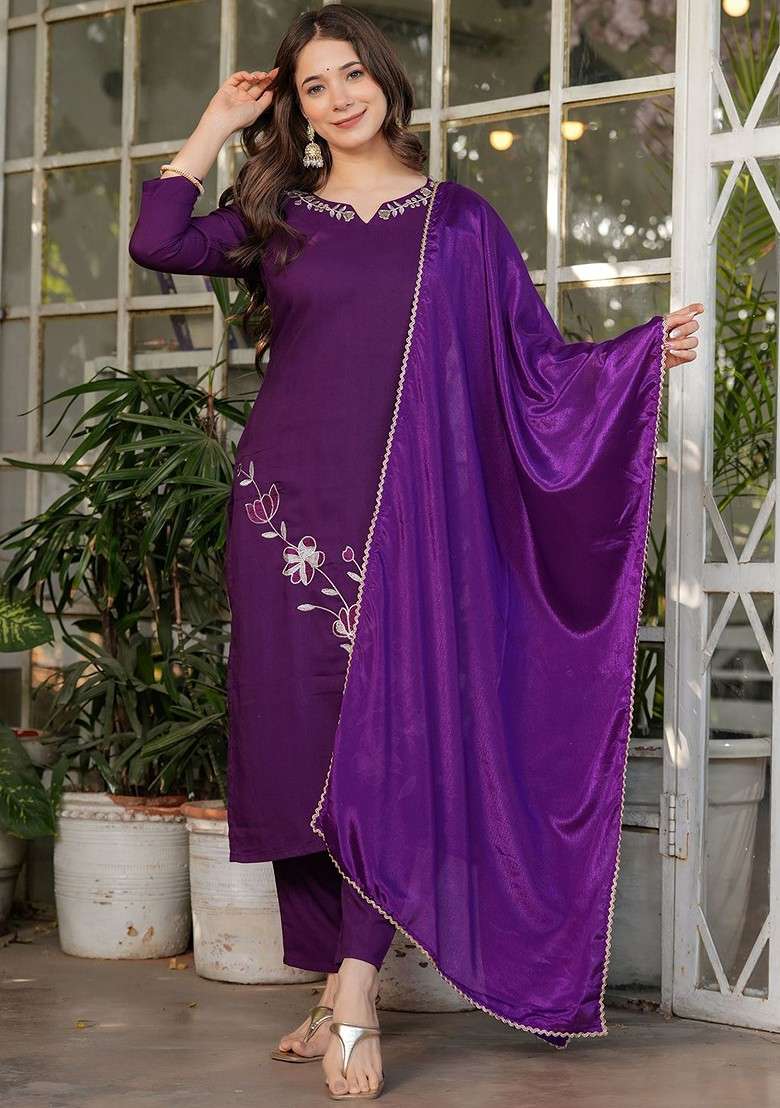 Purple Embroidered Poly Blended Kurta Sets - Indya