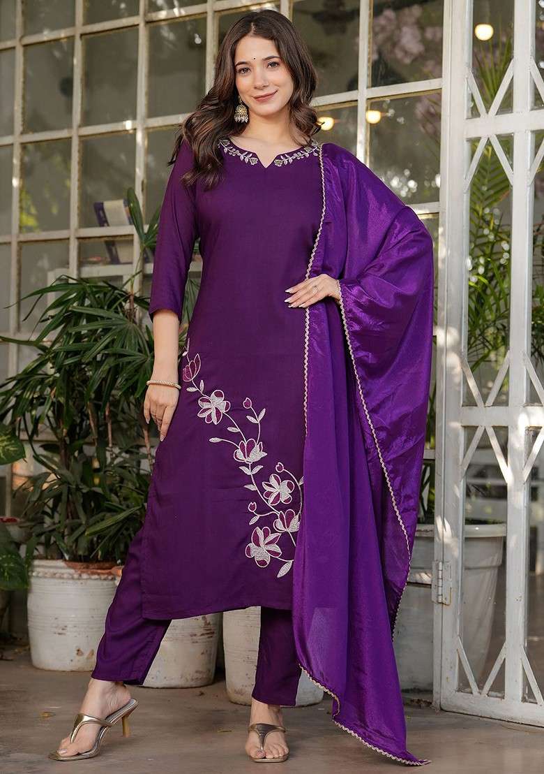 Purple Embroidered Poly Blended Kurta Sets - Indya