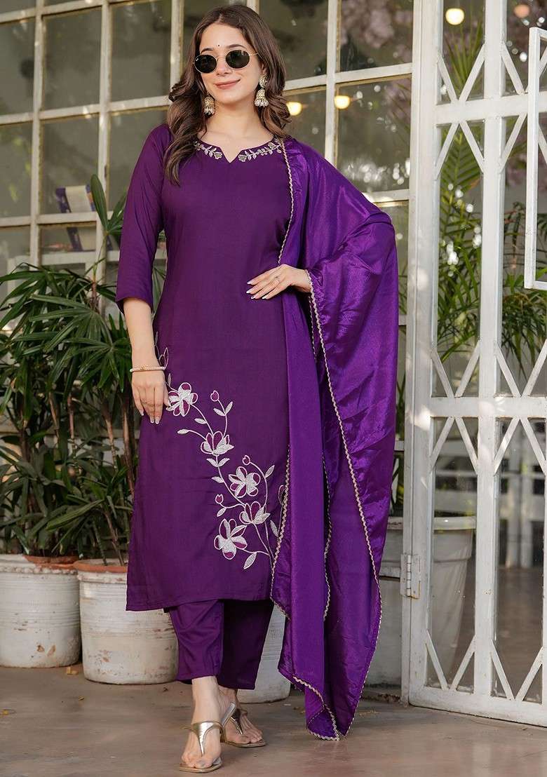 Purple Embroidered Poly Blended Kurta Sets - Indya