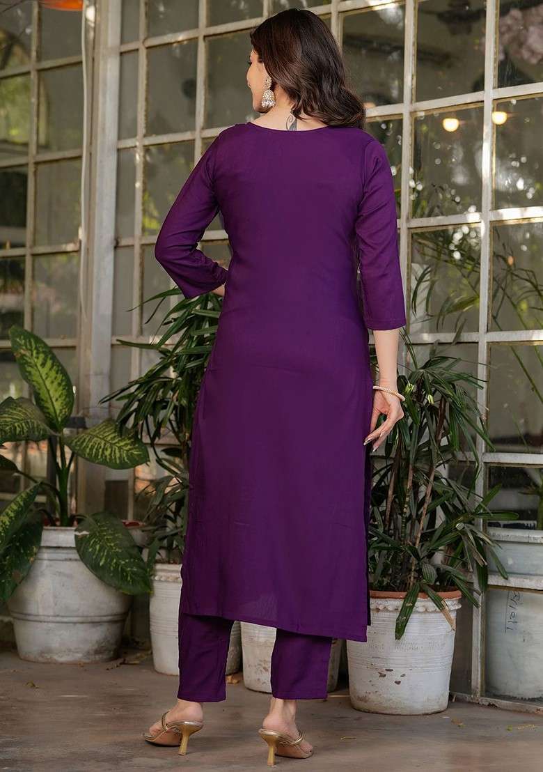 Purple Embroidered Poly Blended Kurta Sets - Indya