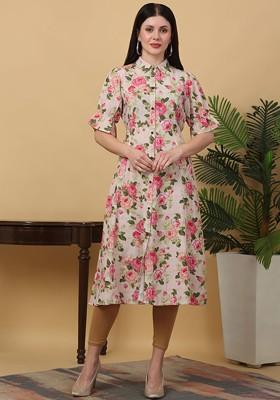 Beige Embroidered Poly Blended Kurtas