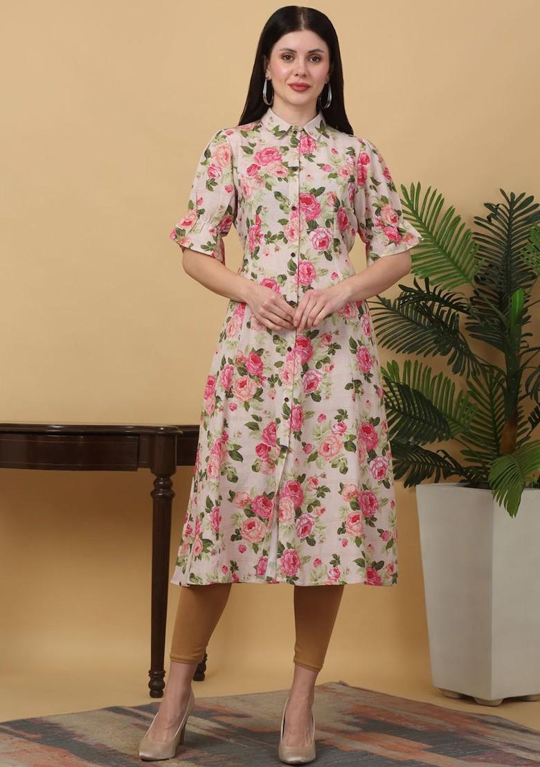 Beige Embroidered Poly Blended Kurtas - Indya