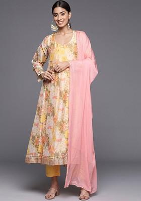 Yellow Embroidered Poly Blended Kurta Sets