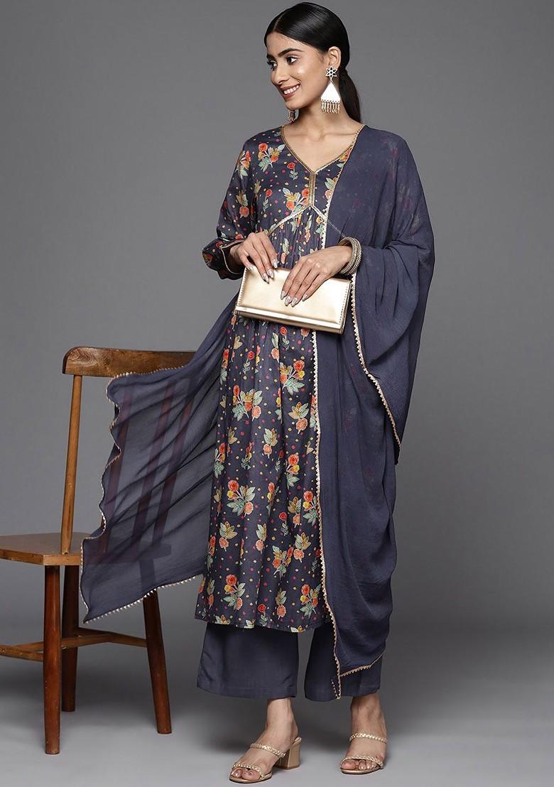 Navy Blue Embroidered Poly Blended Kurta Sets