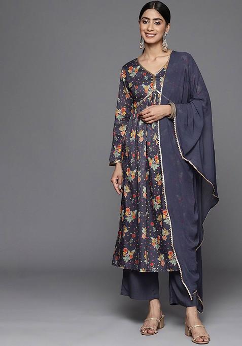 Navy Blue Embroidered Poly Blended Kurta Sets