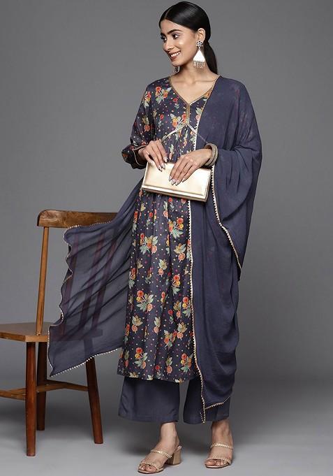 Navy Blue Embroidered Poly Blended Kurta Sets