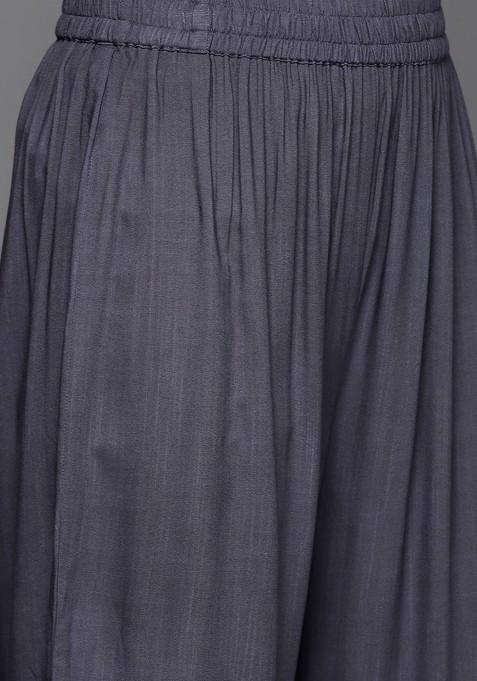 Navy Blue Embroidered Poly Blended Kurta Sets