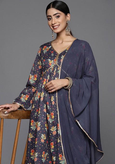 Navy Blue Embroidered Poly Blended Kurta Sets