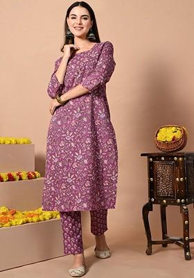 Purple Embroidered Poly Blended Kurta Sets