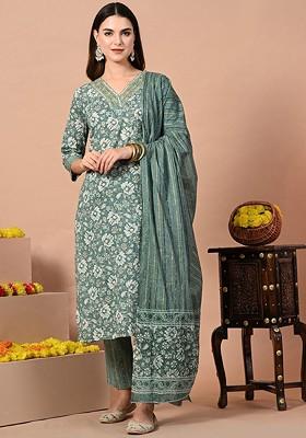 Green Embroidered Poly Blended Kurta Sets