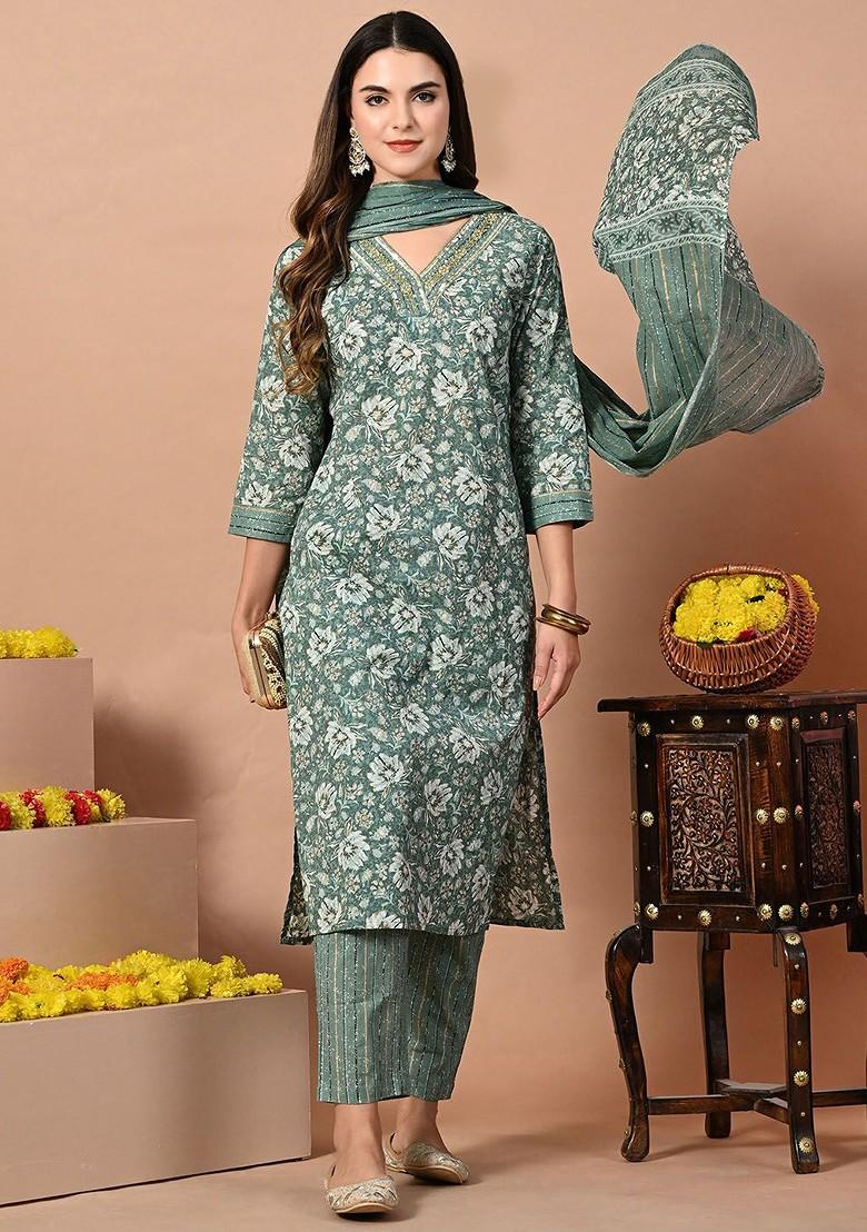 Green Embroidered Poly Blended Kurta Sets - Indya