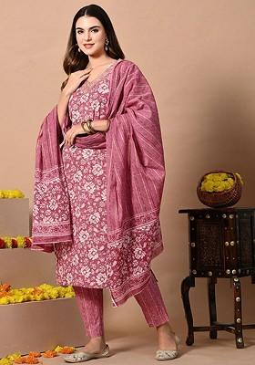 Pink Embroidered Poly Blended Kurta Sets
