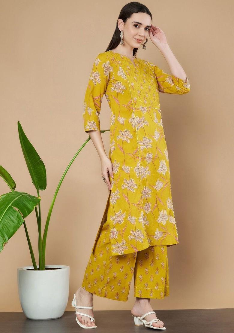 Mustard Embroidered Poly Blended Kurta Sets - Indya